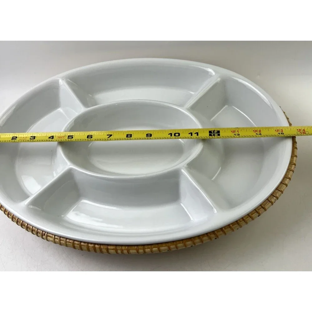 15 Inch Sectional Serving Tray/Plate White W/Wooden Holder